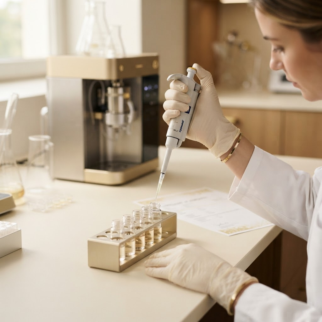 A researcher using a precision micropipette to transfer samples into analytical vials beside a certificate of analysis